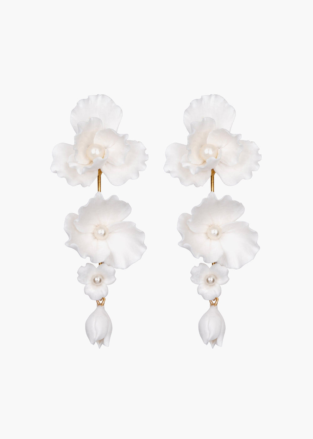 Pair of white floral earrings on a white background